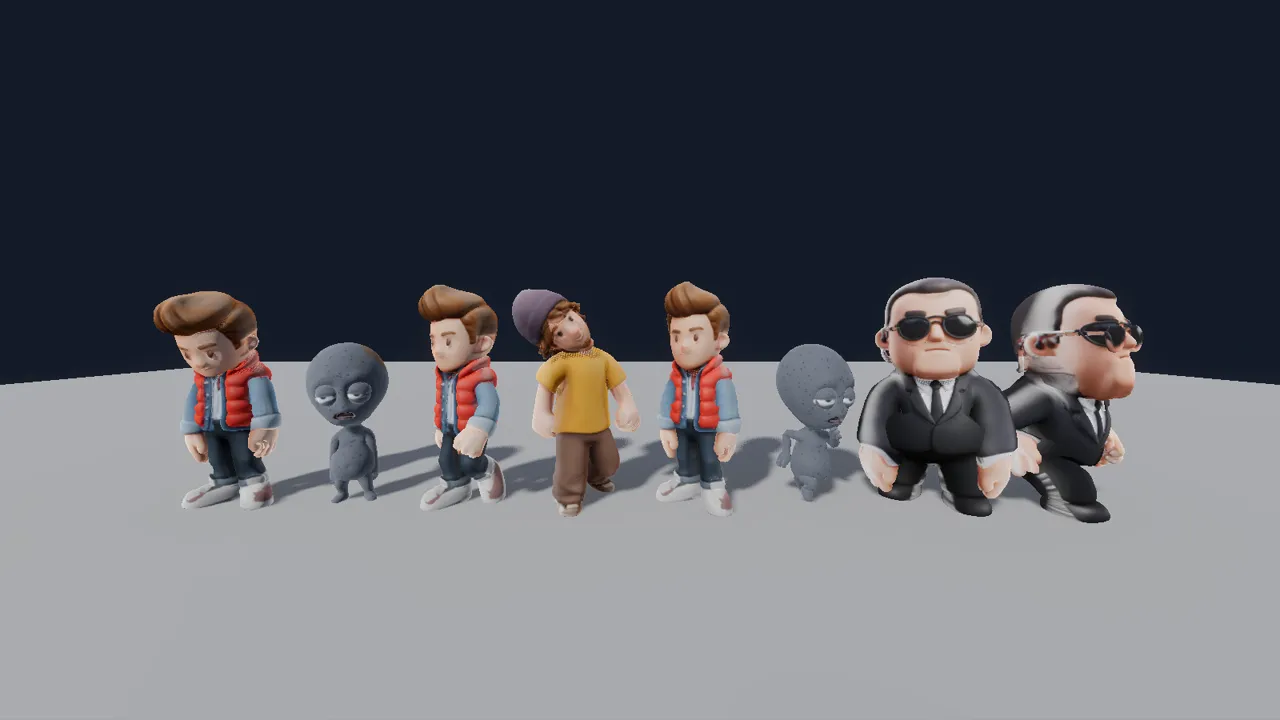 Les personnages : passants, alien et agents en costume.