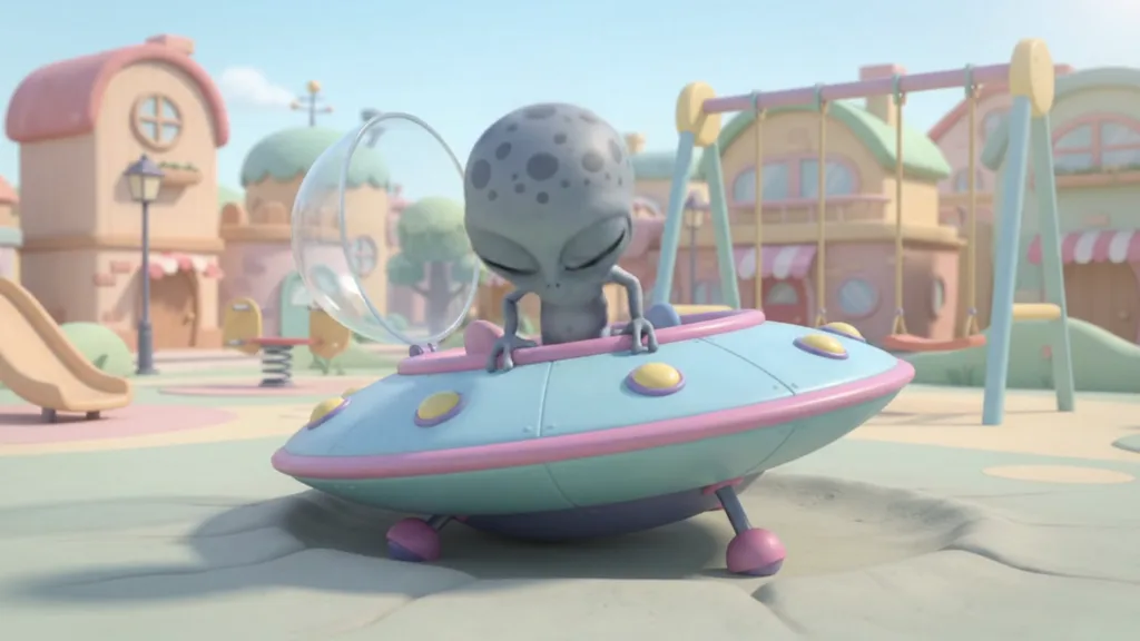 Le petit alien gris sort de sa soucoupe écrasée dans une aire de jeux, au milieu d'une ville aux couleurs pastel.
