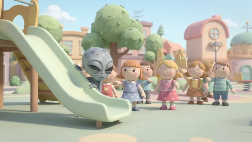 L'alien se cache derrière le toboggan.