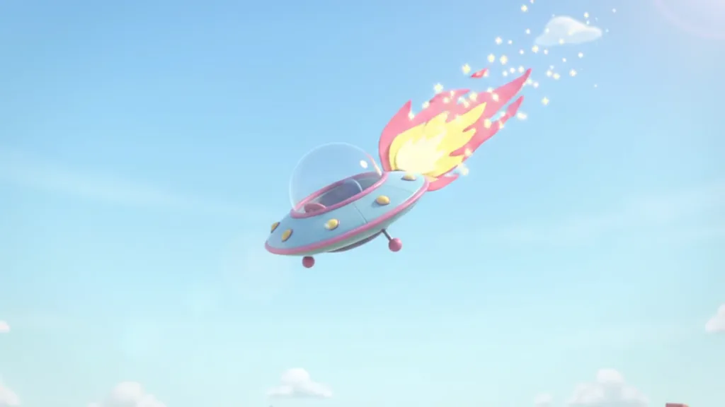 La soucoupe tombe du ciel en flammes.