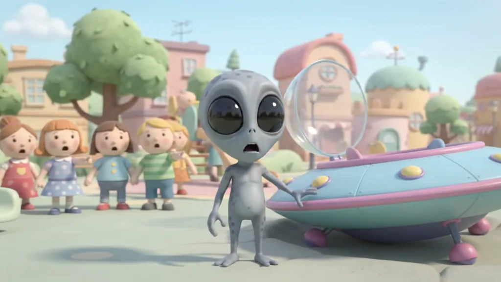 Des enfants regardent l'alien sortir de la soucoupe.